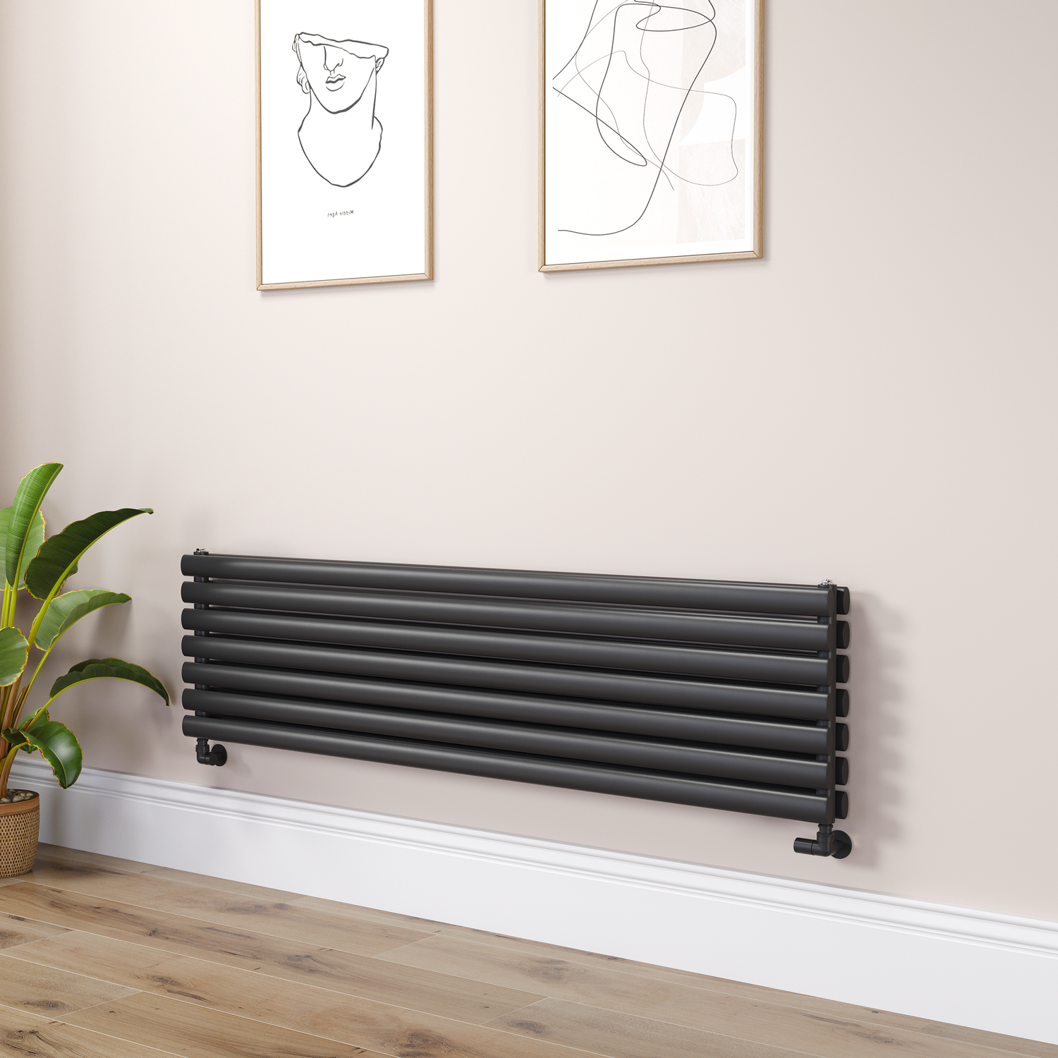 Sorrento Midnight Black Oval Designer Radiator 413X1600mm Double Panel 3973 Btu