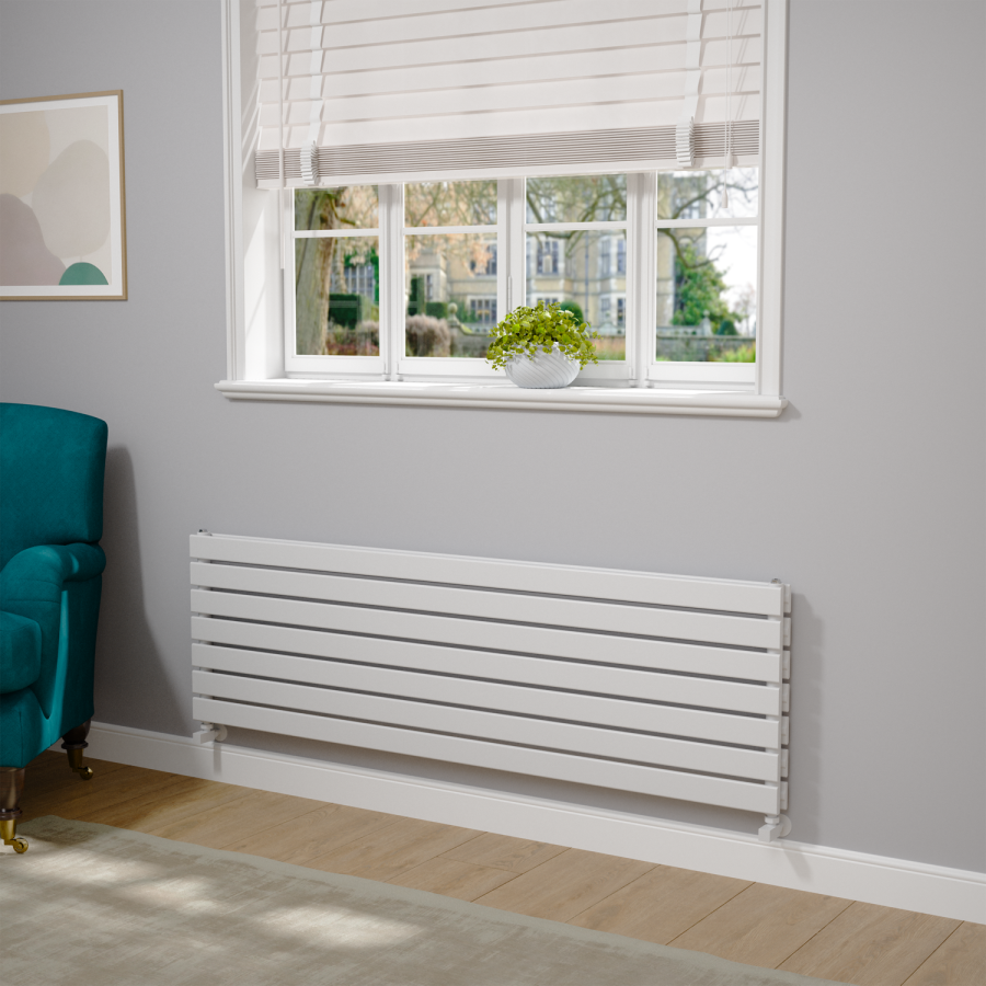Riace Linea White Flat Designer Radiator 490x1600mm Double Panel 4392 BTU - Horizontal Bars