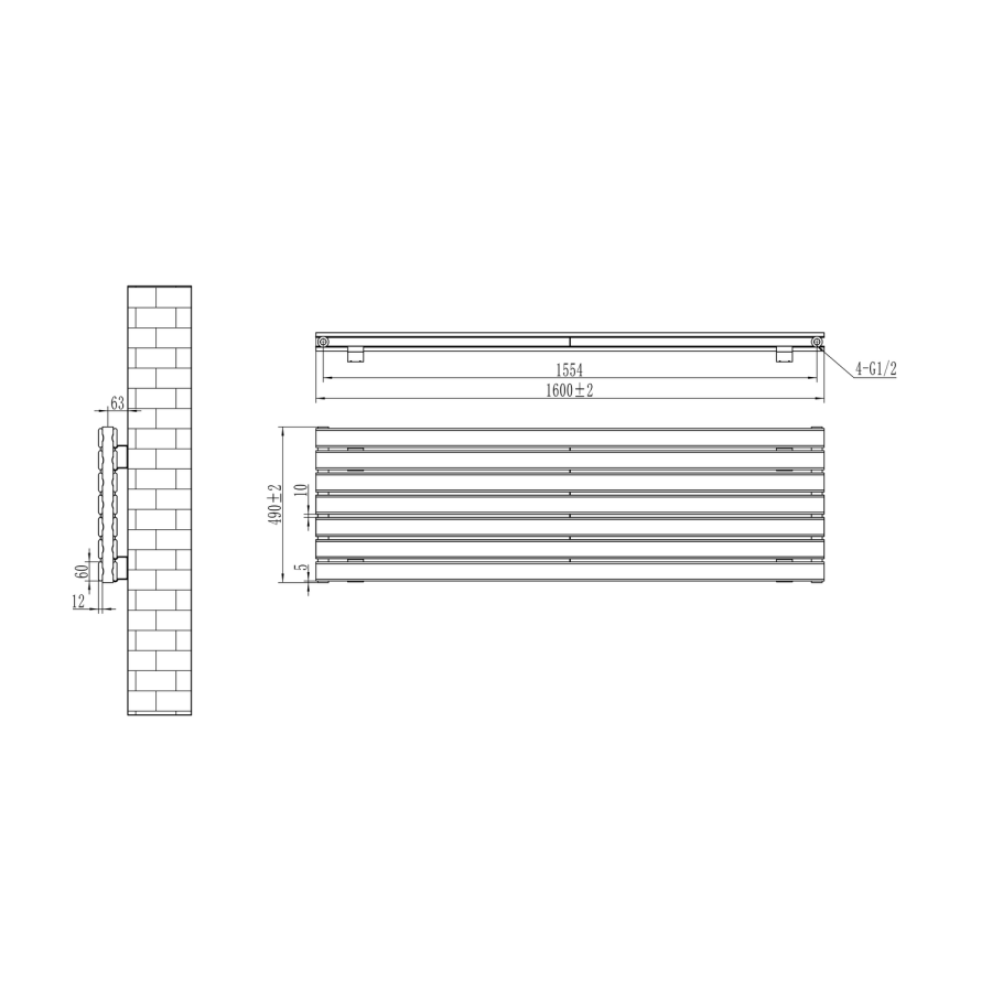 Riace Linea White Flat Designer Radiator 490x1600mm Double Panel 4392 BTU - Horizontal Bars