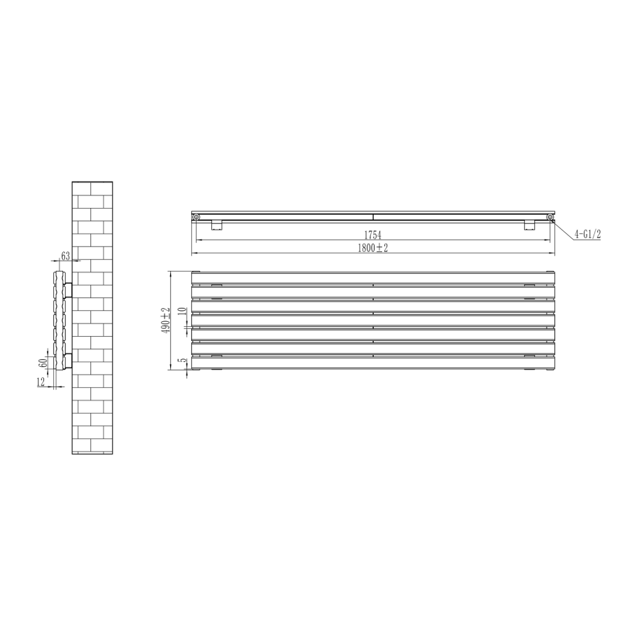 Riace Linea Midnight Black Flat Designer Radiator 490x1800mm Double Panel 4863 BTU - Horizontal Bars