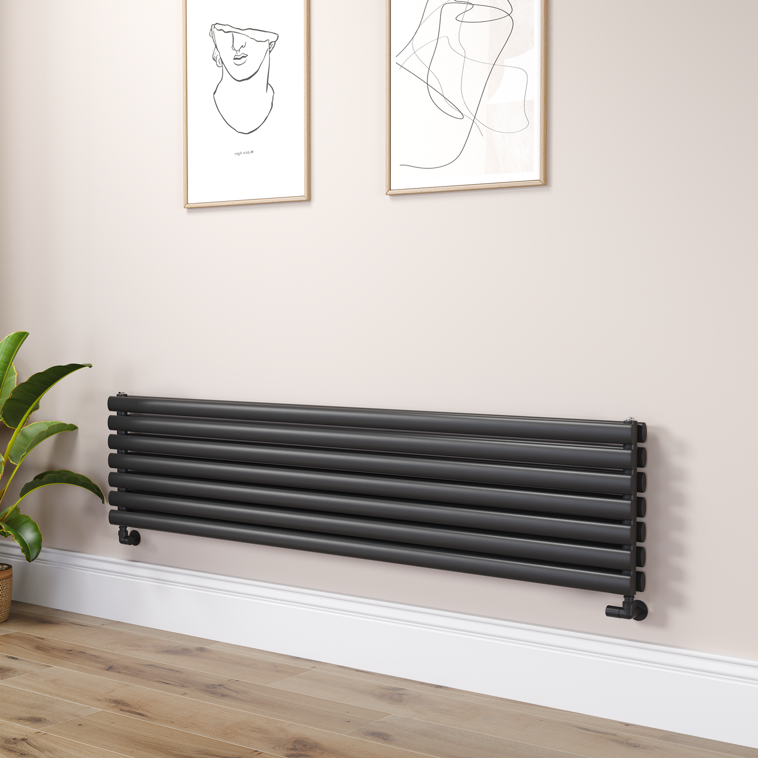 Sorrento Midnight Black Oval Designer Radiator 413X1800mm Double Panel 4437 Btu