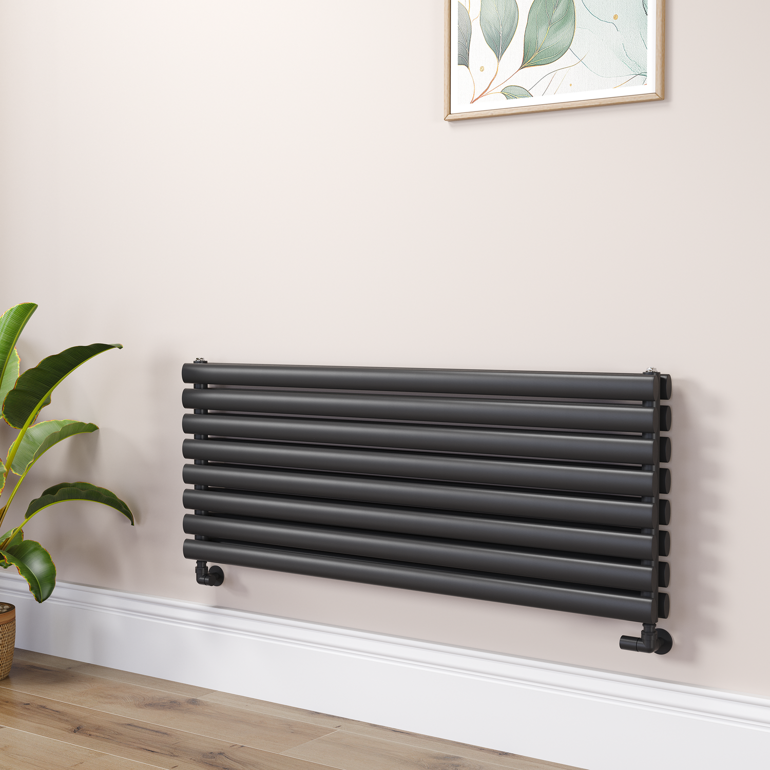 Sorrento Midnight Black Linea Black Oval Designer Radiator 472X1200mm Double Panel 3485 Btu - Horizontal Bars