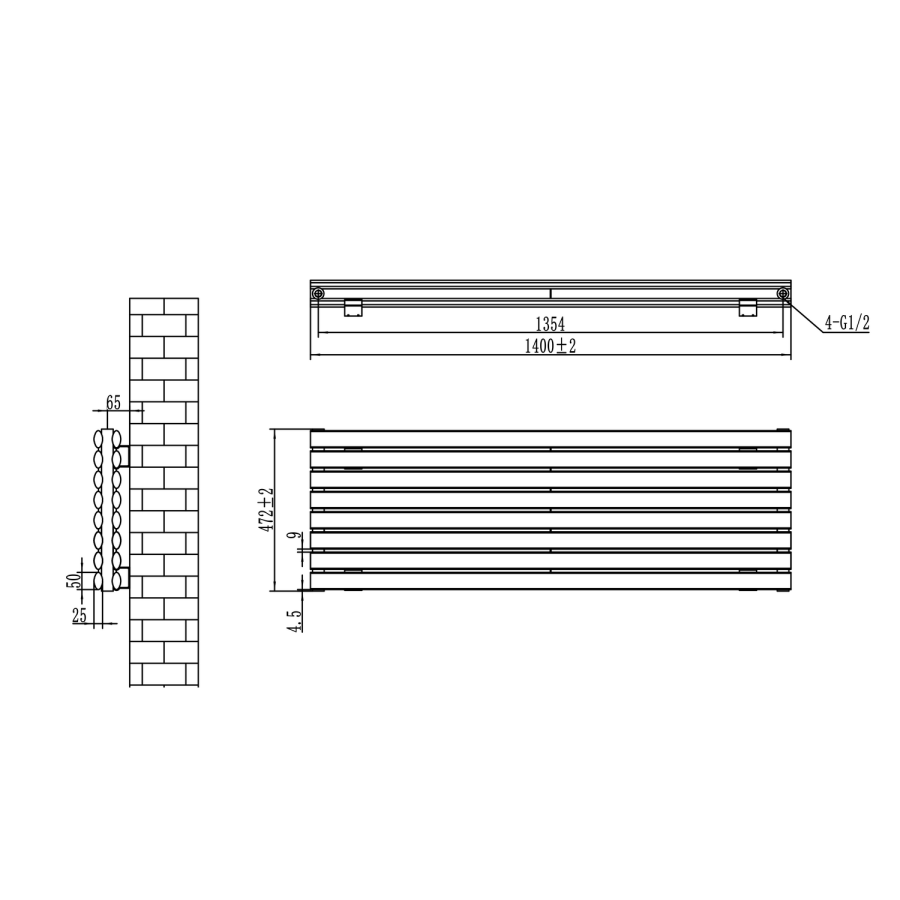 Sorrento Linea Anthracite Oval Designer Radiator 472x1400mm Double Panel 4010 BTU - Horizontal Bars