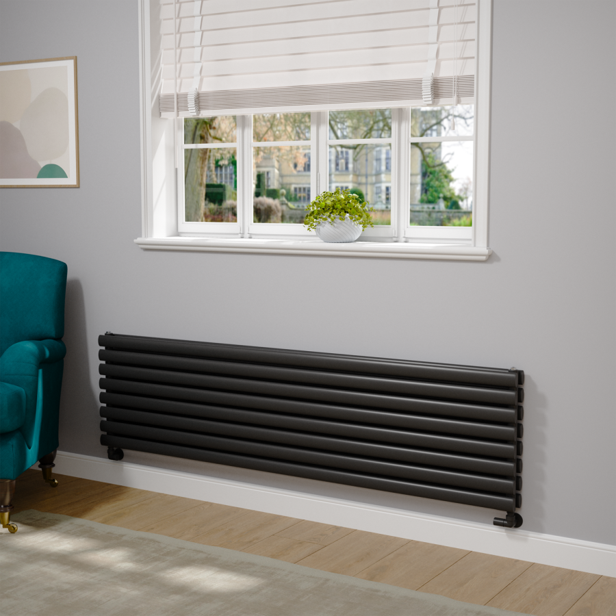 Sorrento Linea Midnight Black Oval Designer Radiator 472x1800mm Double Panel 5072 BTU - Horizontal Bars