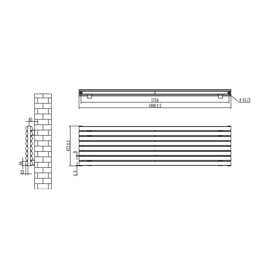 Sorrento Linea Midnight Black Oval Designer Radiator 472x1800mm Double Panel 5072 BTU - Horizontal Bars