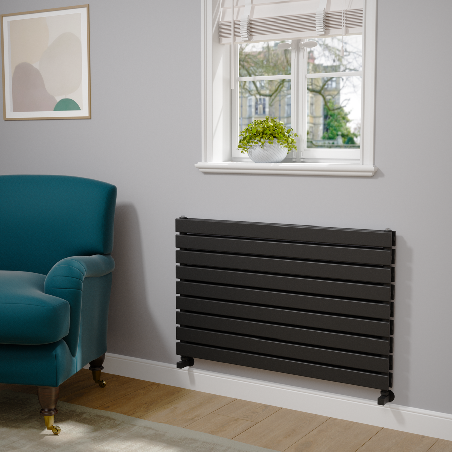 Riace Linea Midnight Black Flat Designer Radiator 630x1000mm Double Panel 3727 BTU - Horizontal Bars