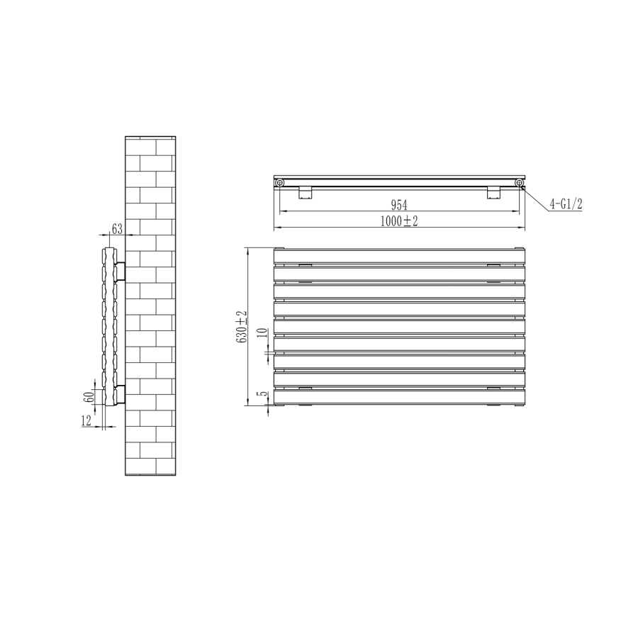 Riace Linea Midnight Black Flat Designer Radiator 630x1000mm Double Panel 3727 BTU - Horizontal Bars
