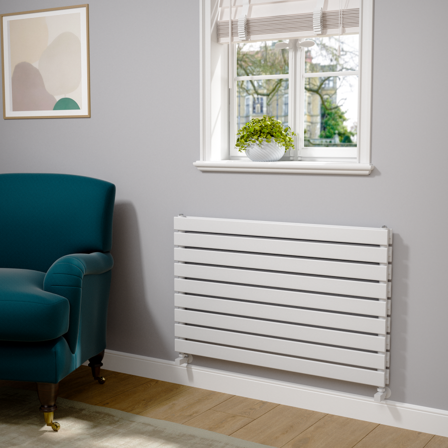 Riace Linea White Flat Designer Radiator 630x1000mm Double Panel 3727 BTU - Horizontal Bars