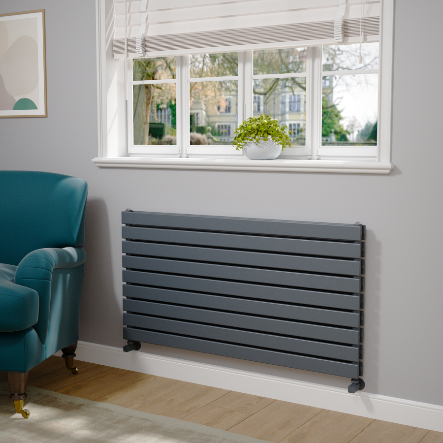 Riace Dark Grey Anthracite Flat Designer Radiator 630x1200mm Double Panel 4386 BTU