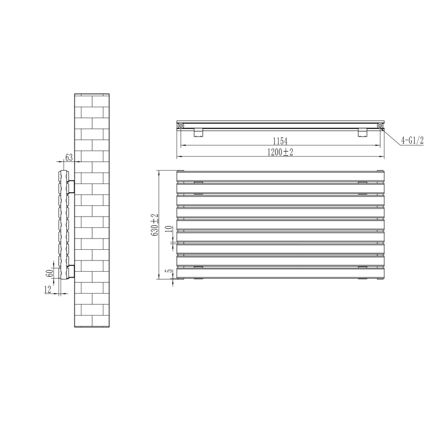 Riace Dark Grey Anthracite Flat Designer Radiator 630x1200mm Double Panel 4386 BTU