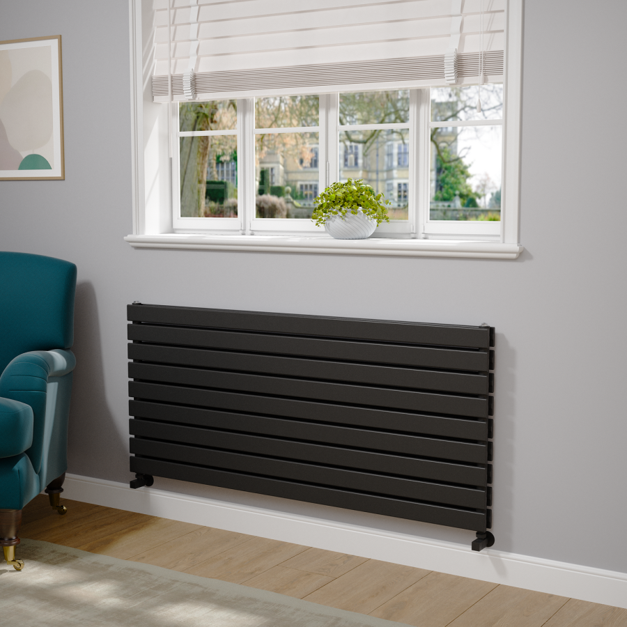 Riace Linea Midnight Black Flat Designer Radiator 630x1400mm Double Panel 5027 BTU - Horizontal Bars