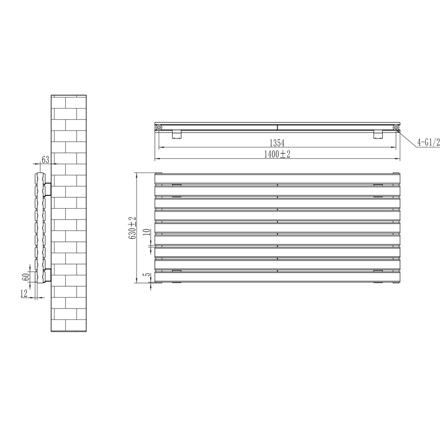 Riace Linea Midnight Black Flat Designer Radiator 630x1400mm Double Panel 5027 BTU - Horizontal Bars