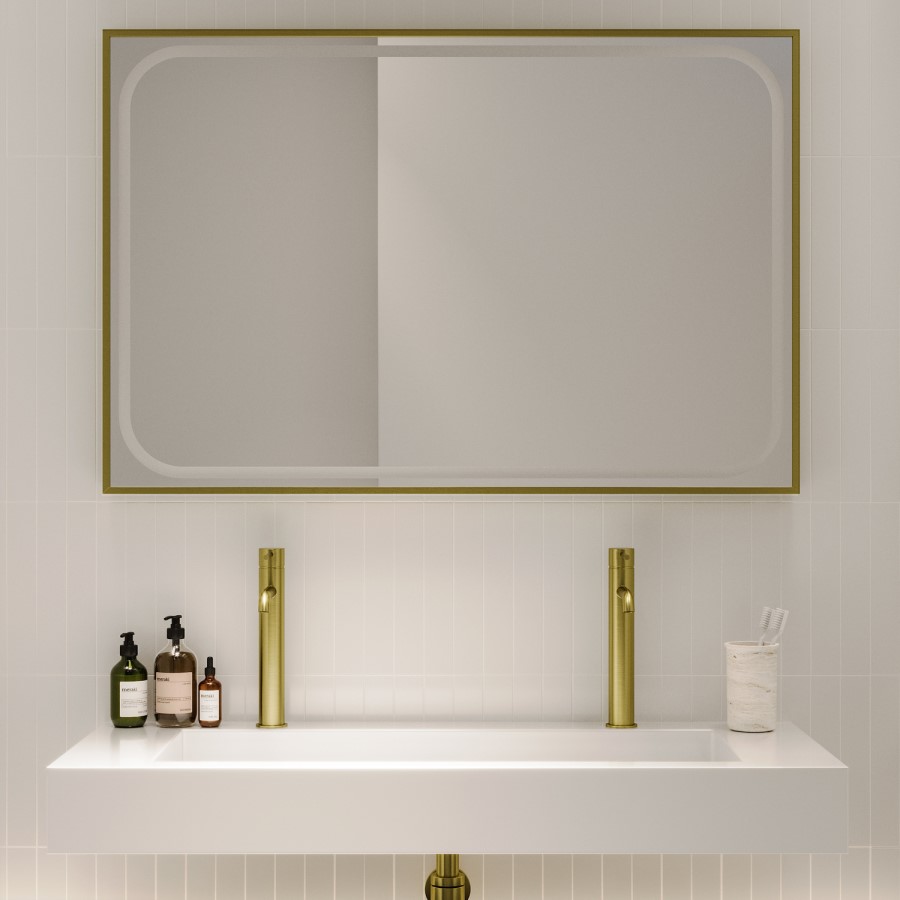 Rectangular Brass Heated Bathroom Mirror with Lights 1200 x 800mm - Rhea