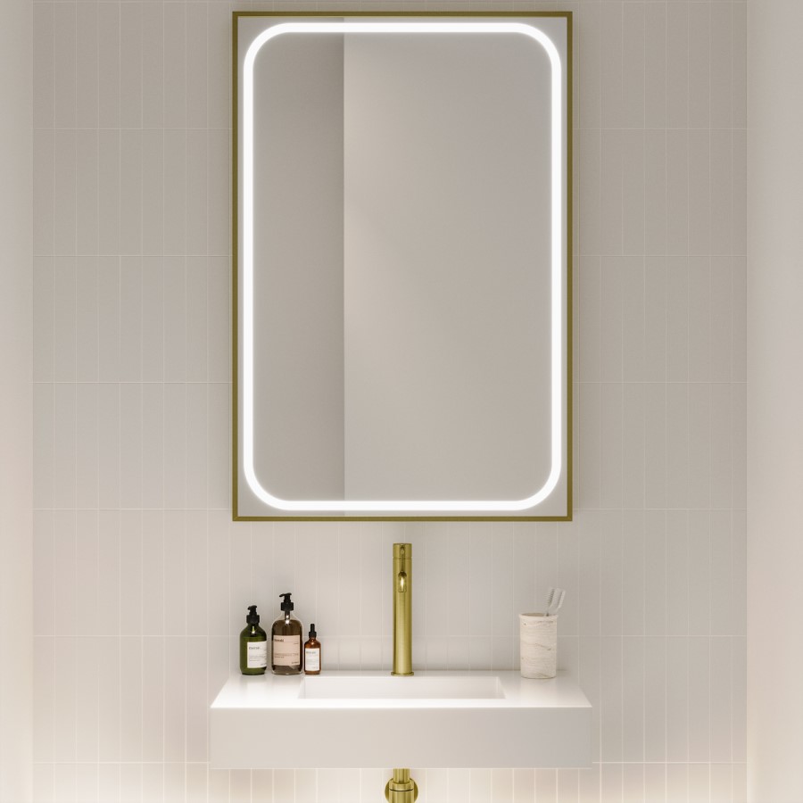 Rectangular Brass Heated Bathroom Mirror with Lights 1200 x 800mm - Rhea