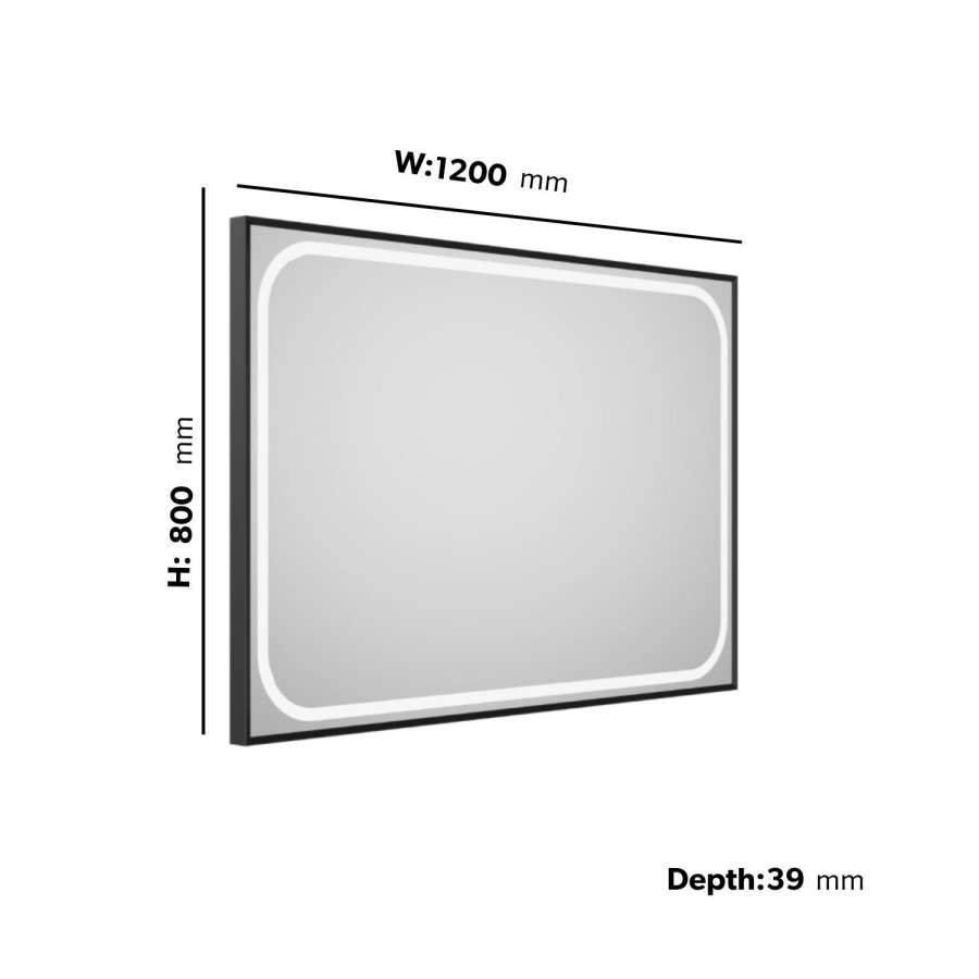 Rectangular Black Heated Bathroom Mirror with Lights 1200 x 800mm - Rhea