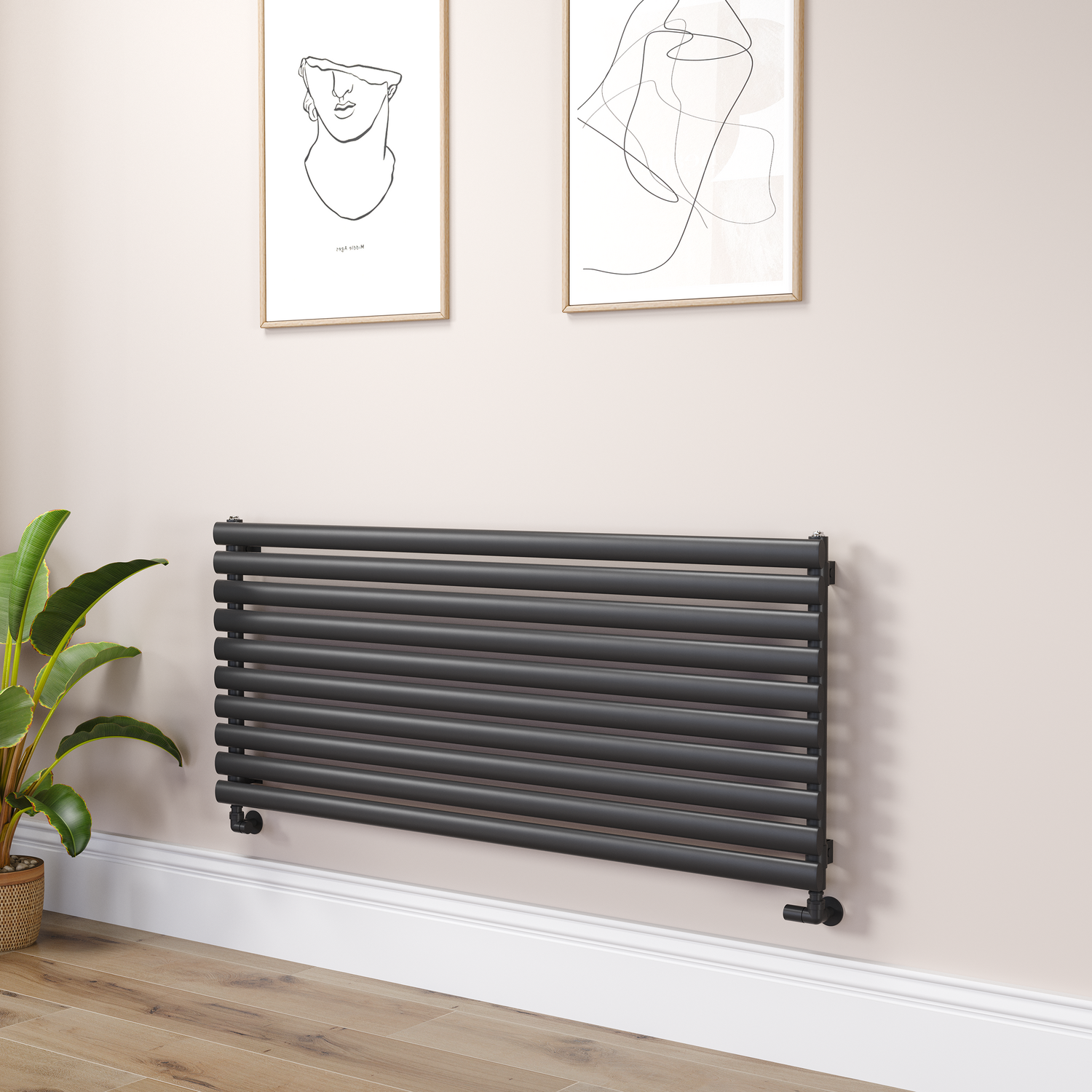 Sorrento Midnight Black Linea Black Oval Designer Radiator 590X1400mm Single Panel 3317 Btu - Horizontal Bars
