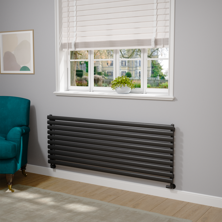 Sorrento Linea Black Oval Designer Radiator 590x1600mm Single Panel 3782 BTU - Horizontal Bars