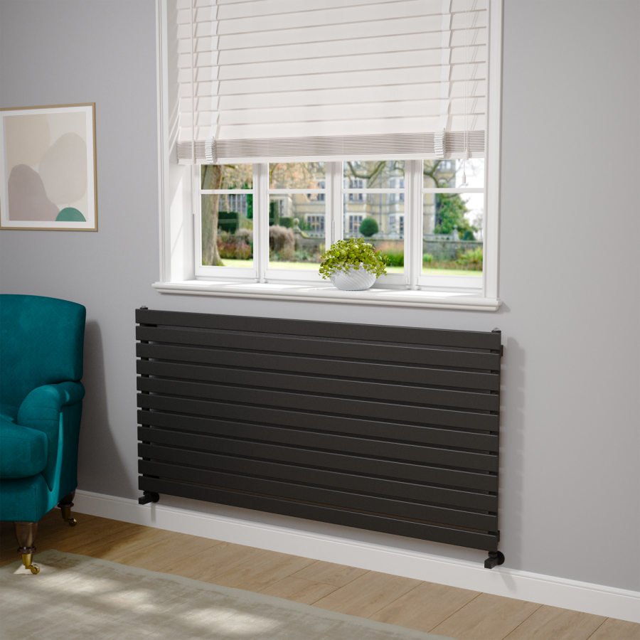 Riace Linea Midnight Black Flat Designer Radiator 770x1600mm Single Panel 4638 BTU - Horizontal Bars