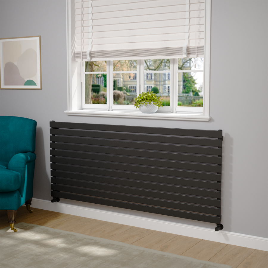 Riace Linea Midnight Black Flat Designer Radiator 770x1800mm Single Panel 5215 BTU - Horizontal Bars