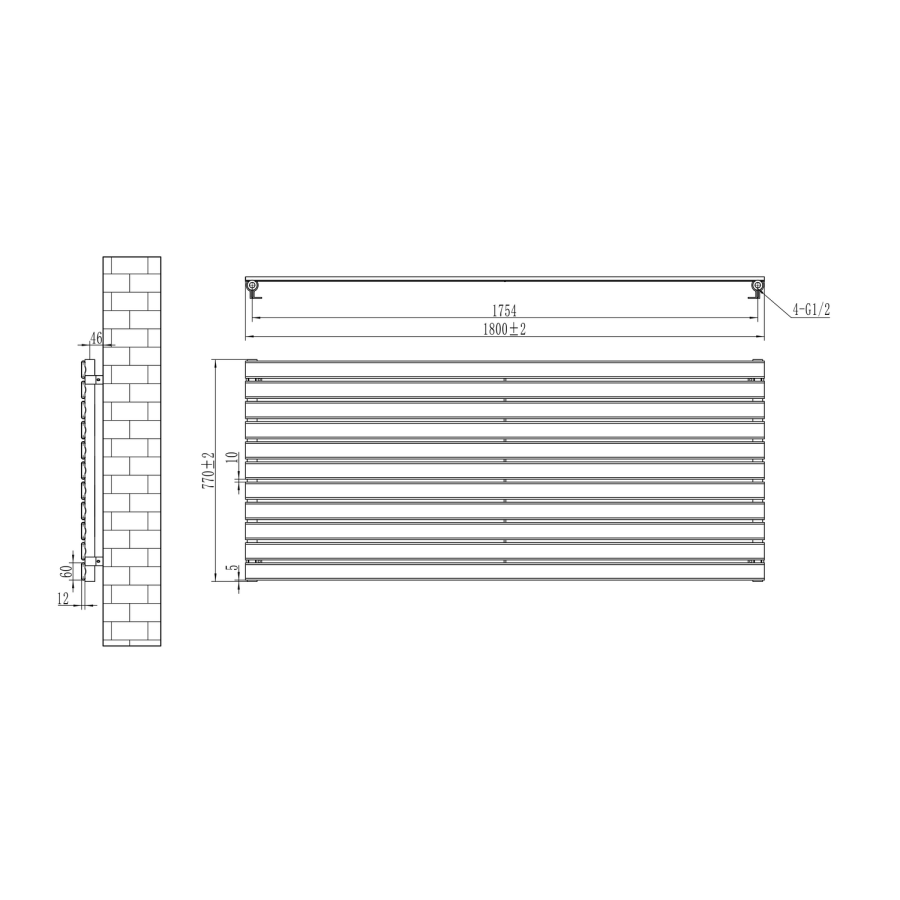 Riace Linea Midnight Black Flat Designer Radiator 770x1800mm Single Panel 5215 BTU - Horizontal Bars