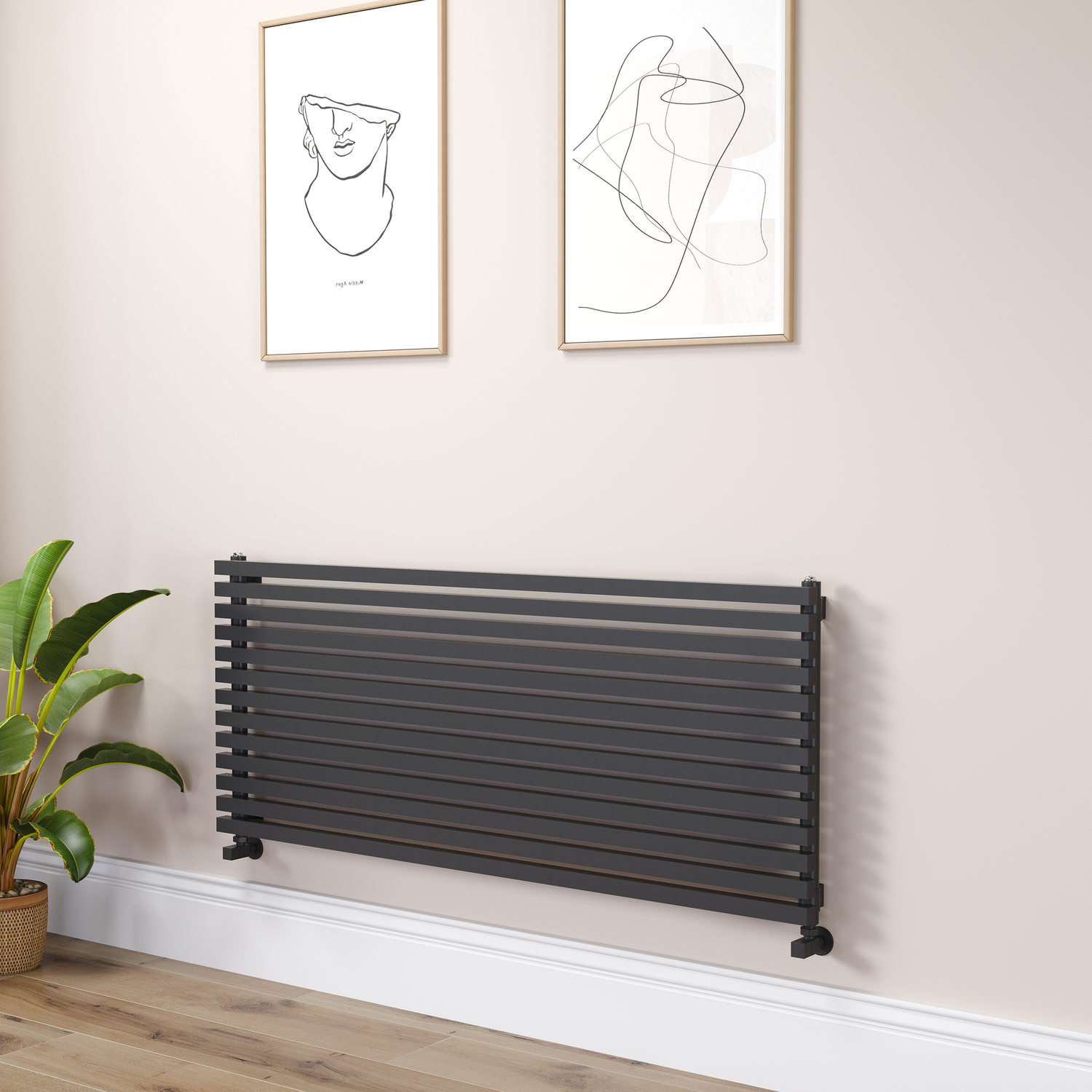 Ravello Linea Square Designer Radiator 585X1400mm Single Panel 3782 Btu Horizontal Bars RHS13-1400-BCS - Image 2