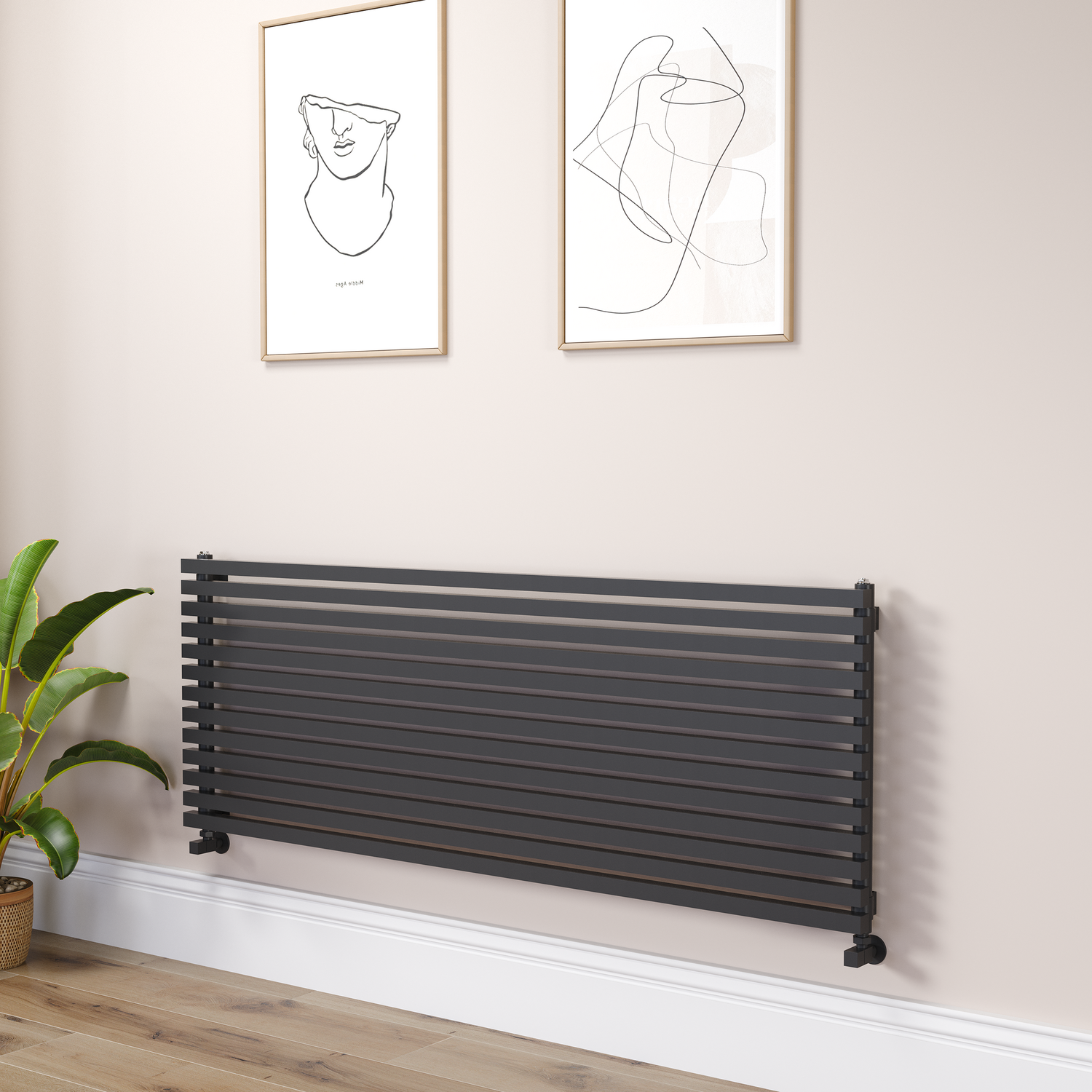 Ravello Midnight Black Linea Black Square Designer Radiator 585X1600mm Single Panel 4266 Btu - Horizontal Bars