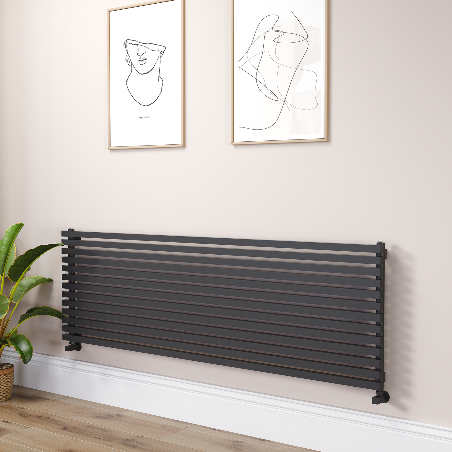 Ravello Linea Square Designer Radiator 585X1800mm Single Panel 4744 Btu Horizontal Bars RHS13-1800-BCS - Image 2