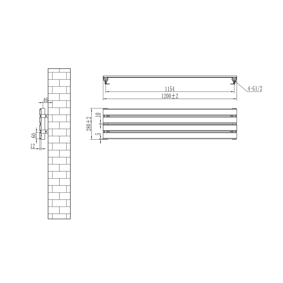 Riace Linea Dark Grey Anthracite Flat Designer Radiator 280x1200mm Single Panel 1280 BTU - Horizontal Bars