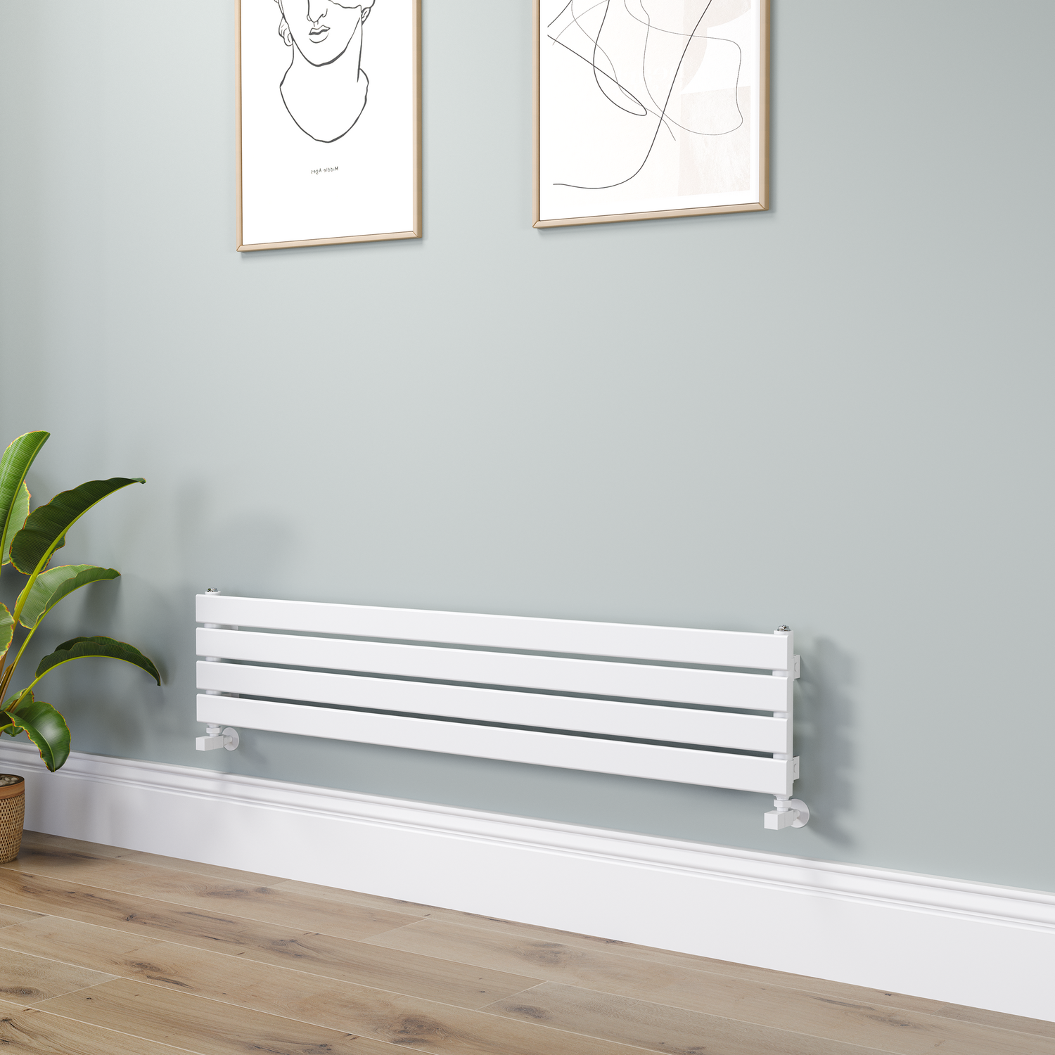 Riace White Linea Flat Designer Radiator 280X1400mm Single Panel 1481 Btu - Horizontal Bars
