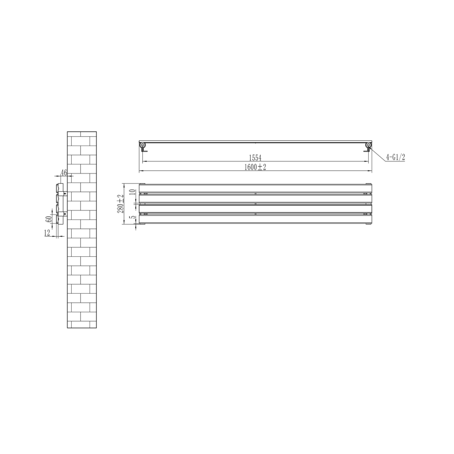 Riace Linea Black Flat Designer Radiator 280x1600mm Single Panel 1686 BTU - Horizontal Bars