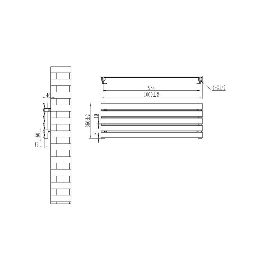 Riace Linea Dark Grey Anthracite Flat Designer Radiator 350x1000mm Single Panel 1352 BTU - Horizontal Bars