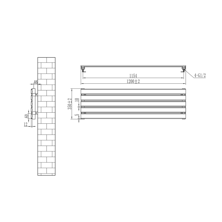 Riace Linea Midnight Black Flat Designer Radiator 350x1200mm Single Panel 1601 BTU - Horizontal Bars