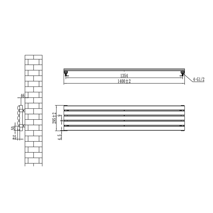 Sorrento Linea Midnight Black Oval Designer Radiator 295x1400mm Single Panel 1659 BTU - Horizontal Bars
