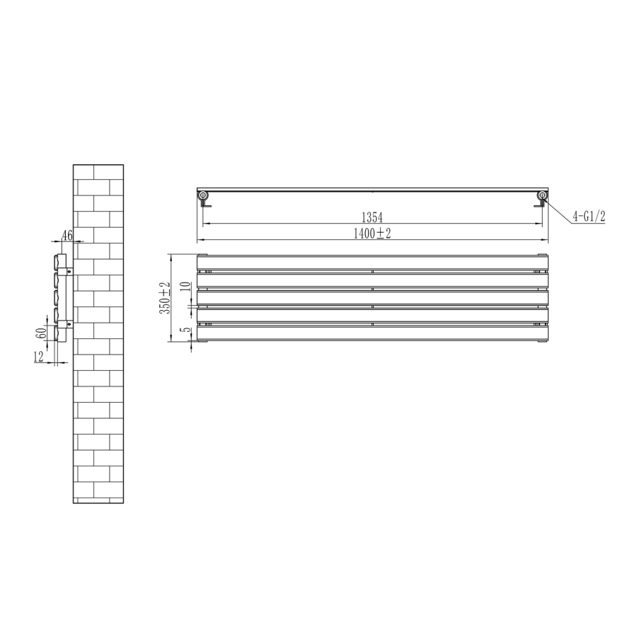 Riace Linea White Flat Designer Radiator 350x1400mm Single Panel 1850 BTU - Horizontal Bars