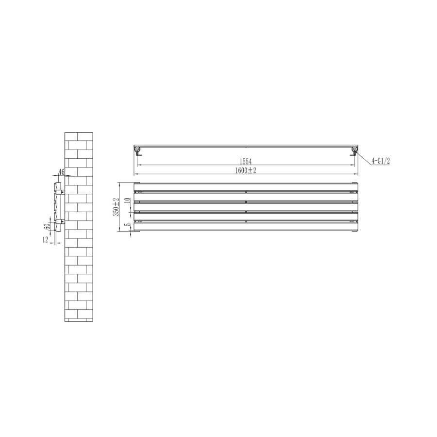 Riace Linea Midnight Black Flat Designer Radiator 350x1600mm Single Panel 2109 BTU - Horizontal Bars