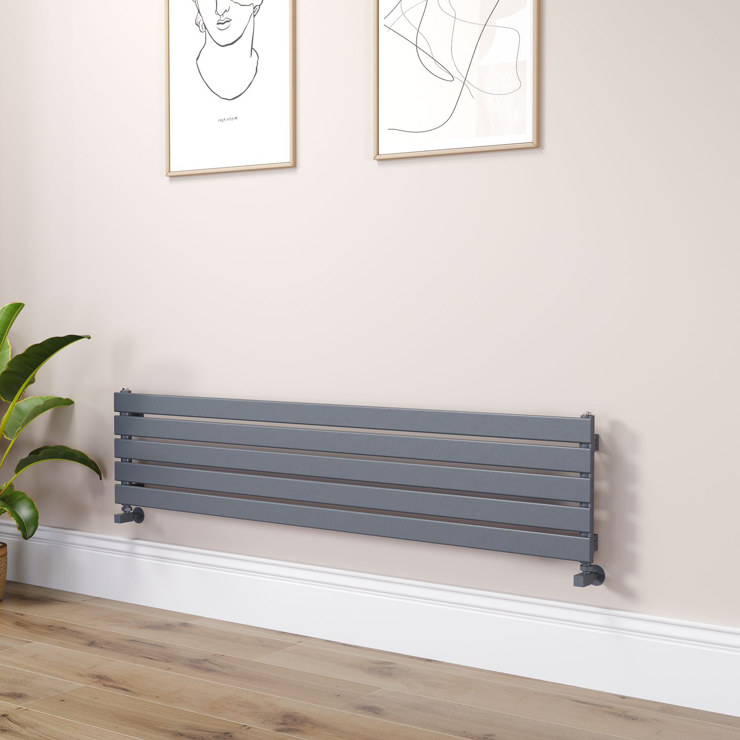 Riace Dark Grey Anthracite Linea Flat Designer Radiator 350X1600mm Single Panel 2109 Btu - Horizontal Bars