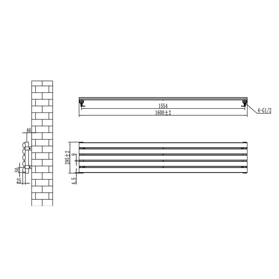 Sorrento Linea Anthracite Oval Designer Radiator 295x1600mm Single Panel 1891 BTU - Horizontal Bars