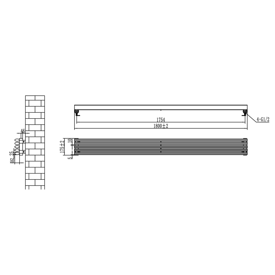 Ventura Midnight Black Oval Unique Designer Radiator 175x1800mm Single Panel 1754 BTU
