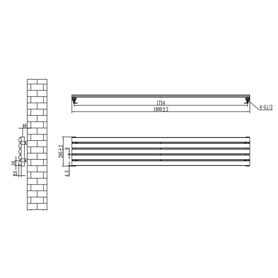 Sorrento Linea Black Oval Designer Radiator 295x1800mm Single Panel 2126 BTU - Horizontal Bars