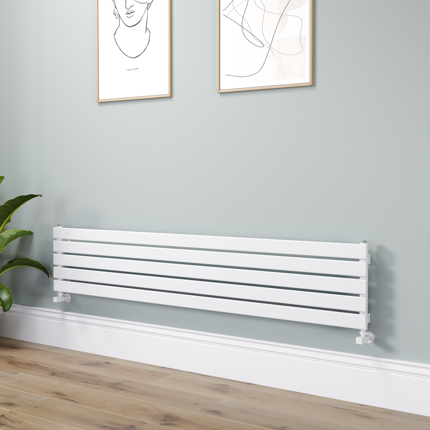 Riace White Linea Flat Designer Radiator 350X1800mm Single Panel 2372 Btu - Horizontal Bars