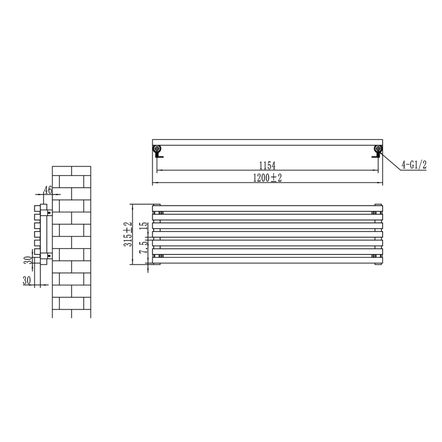 Ravello Midnight Black Square Designer Radiator 315x1200mm Single Panel 1771 BTU