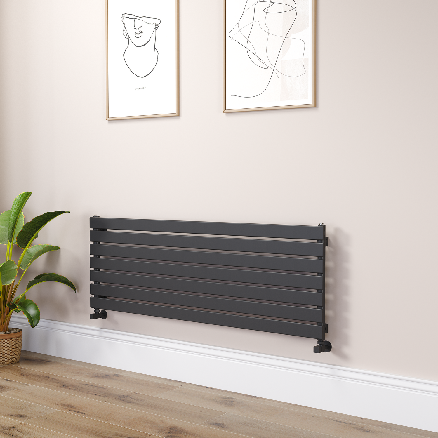 Riace Midnight Black Linea Flat Designer Radiator 490X1400mm Single Panel 2590 Btu - Horizontal Bars