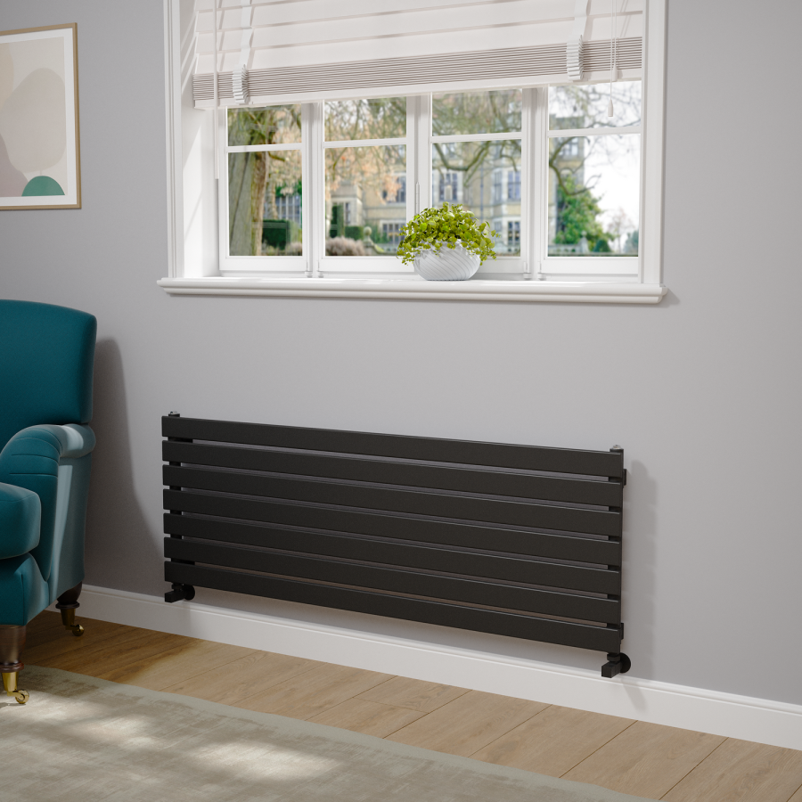 Riace Linea Midnight Black Flat Designer Radiator 490x1400mm Single Panel 2590 BTU - Horizontal Bars