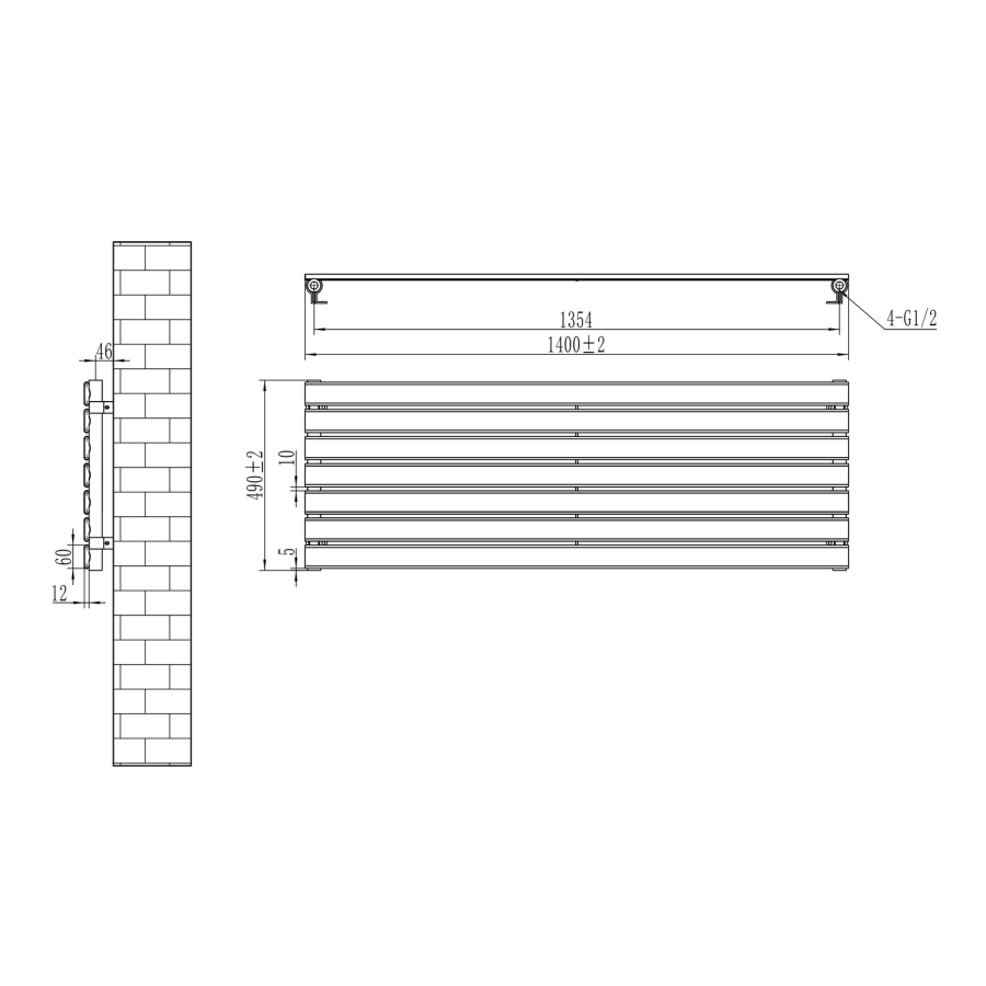 Riace Linea Midnight Black Flat Designer Radiator 490x1400mm Single Panel 2590 BTU - Horizontal Bars