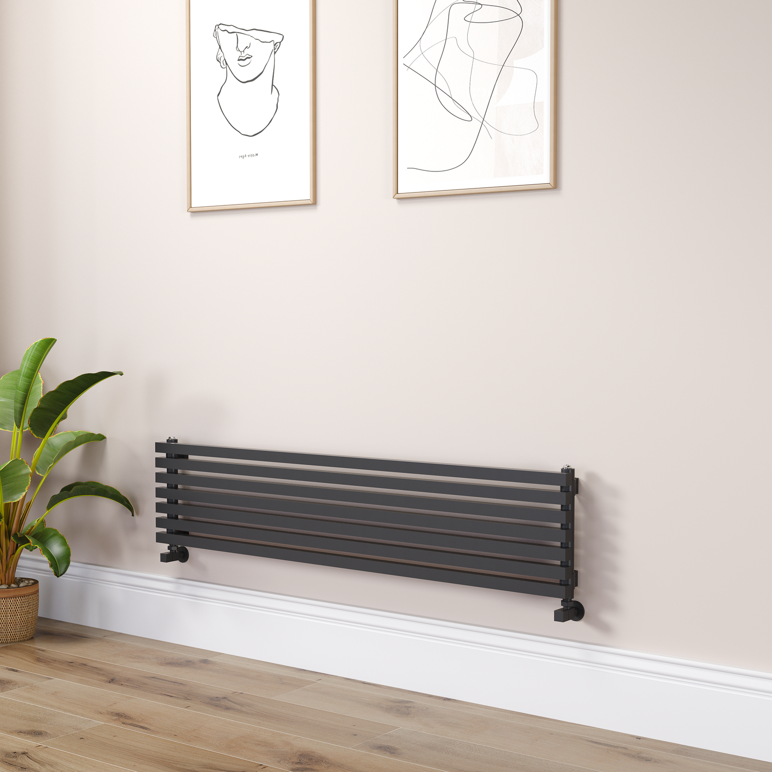 Ravello Linea Square Designer Radiator 315X1400mm Single Panel 2034 Btu Horizontal Bars RHS7-1400-BCS - Image 2