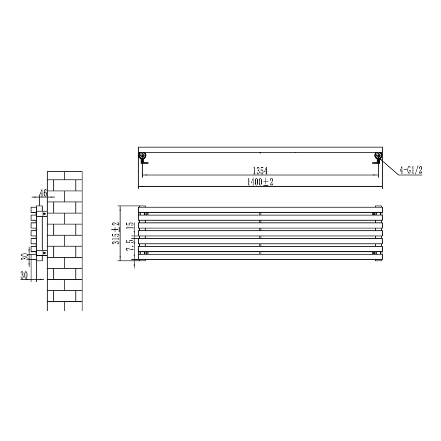 Ravello Midnight Black Square Designer Radiator 315x1400mm Single Panel 2034 BTU