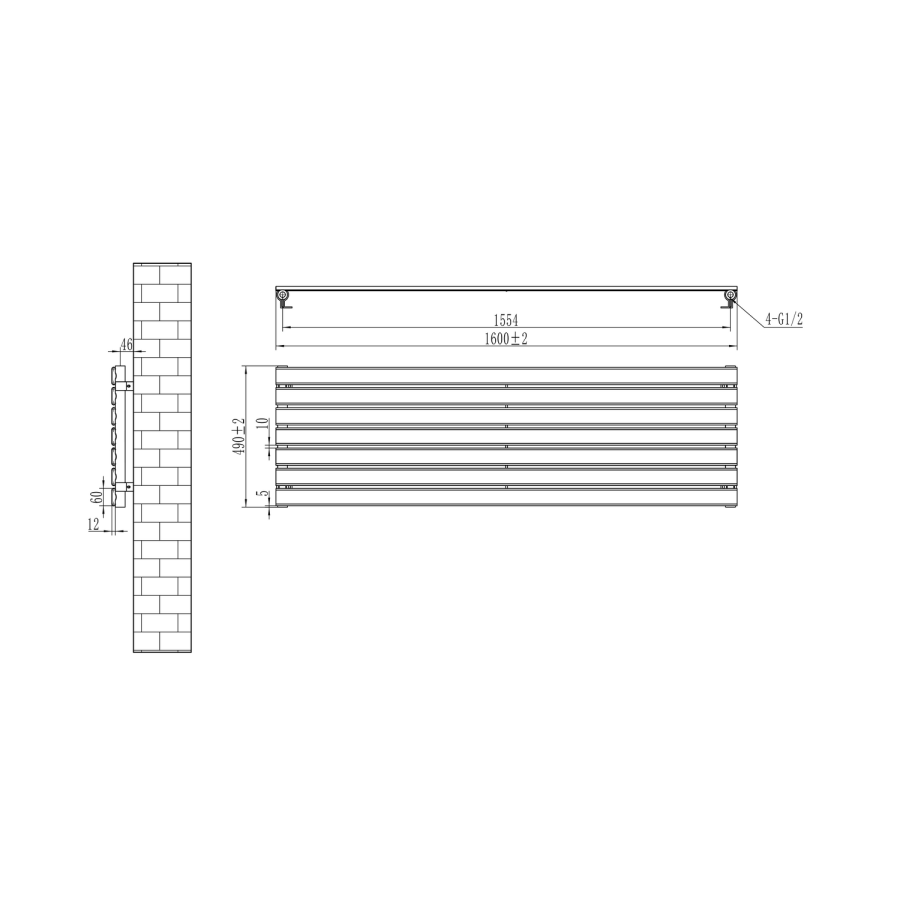 Riace Linea Midnight Black Flat Designer Radiator 490x1600mm Single Panel 2952 BTU - Horizontal Bars