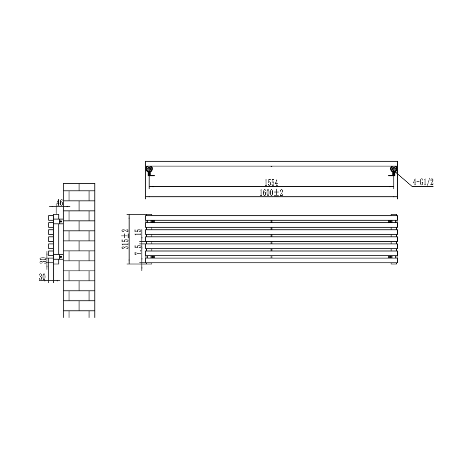 Ravello Dark Grey Anthracite Square Designer Radiator 315x1600mm Single Panel 2297 BTU