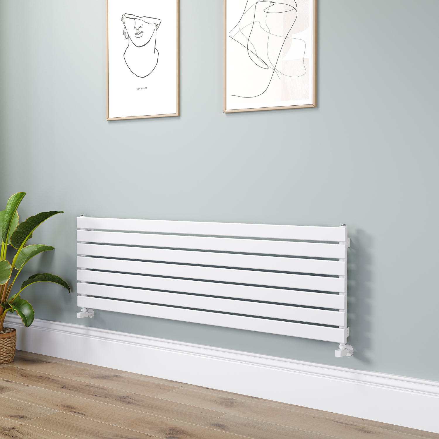 Riace White Linea Flat Designer Radiator 490X1600mm Single Panel 2952 Btu - Horizontal Bars
