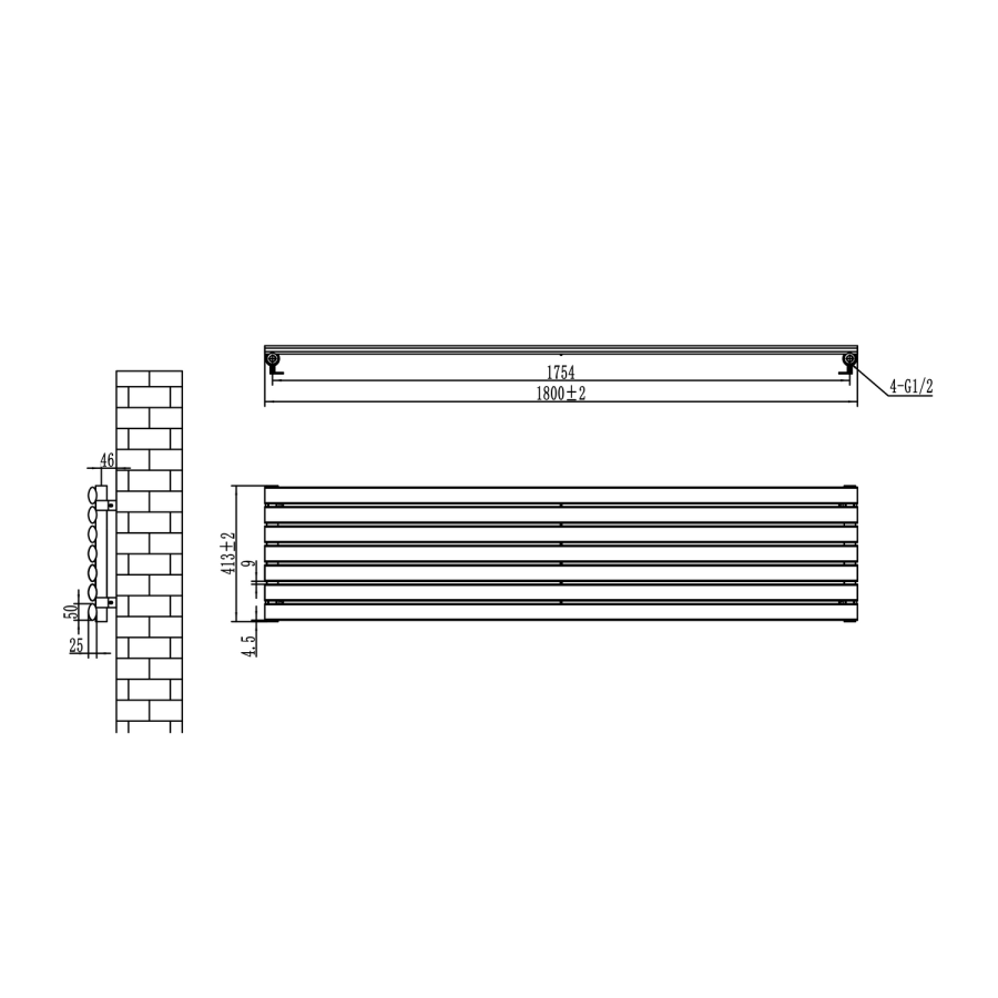 Sorrento Linea Anthracite Oval Designer Radiator 413x1800mm Single Panel 2980 BTU - Horizontal Bars
